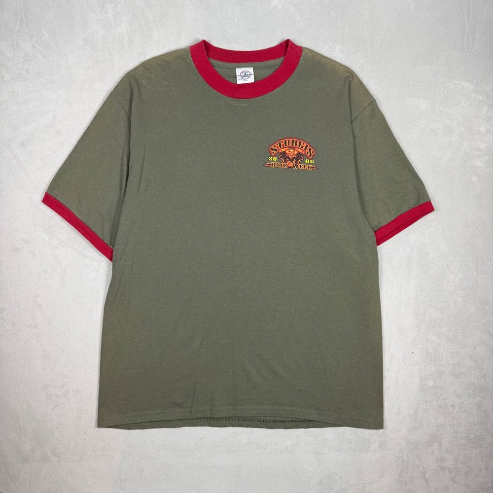 2000s Men Delta Sturgis Bike Week 2006 Graphic Ringer T-Shirt Olive Large - Picture 1 of 7